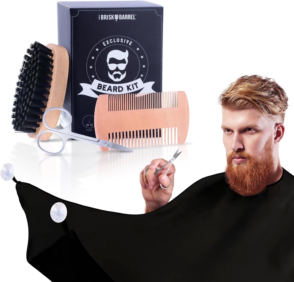 Ayıd Grooming Kit for Men 4 in 1. Beard Brush and Comb Set with Messy Free Bib Apron, Mustache Scisors. Doğal fırça ve Dual Action Comb. Erkeklerin Grooming. Kocam için hediye,