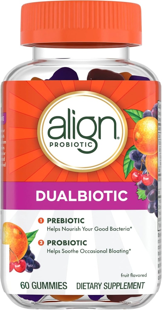 Align Dualbiyotik, Kadınlar ve Erkekler için Probiyotikler, Digestive Health için Probiyotikler, Prebiyotikler İyi Bakterilere Yardım Ediyor, Doğal Meyve Flavors, 60 Probiyotik Gummies