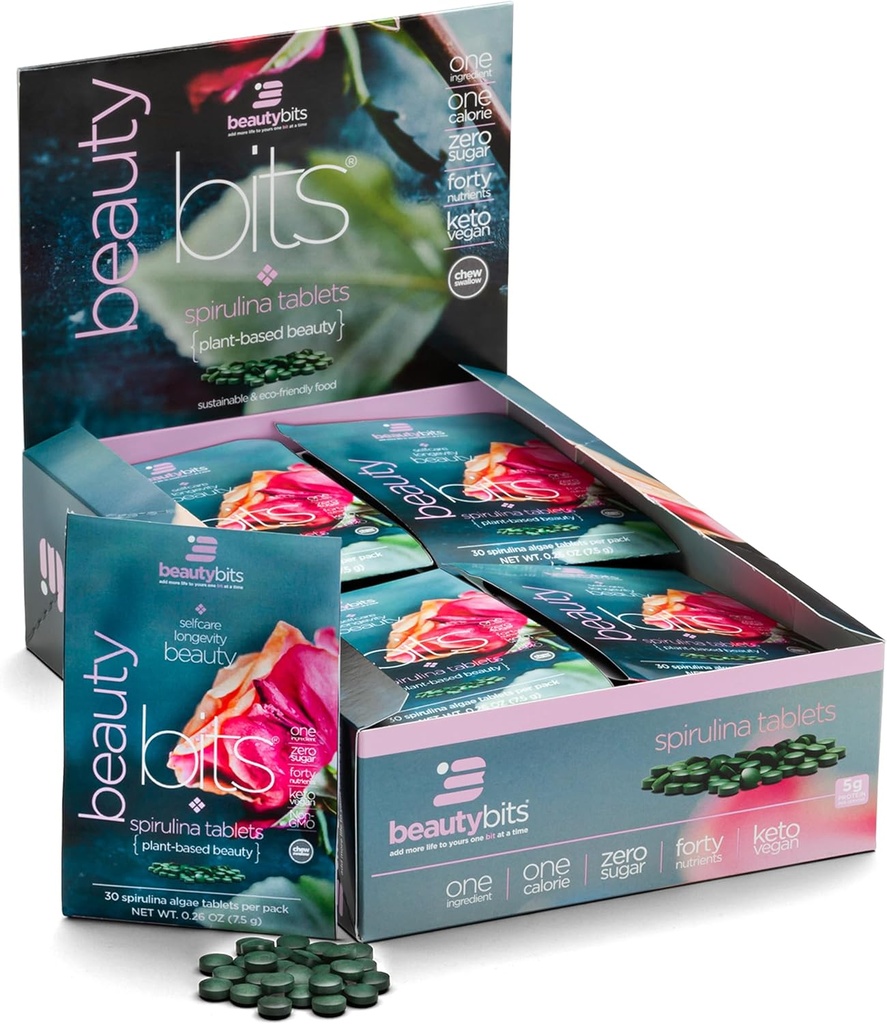 BEAUTYbits - Βιολογικά δισκία Spirulina - Algae Superfood - Collagen, Protein, Chlorophyl - Μαλλιά, νύχια, & φροντίδα του δέρματος - Vegan, Keto, χωρίς γλουτένη - Skincare Beauty - 30 Τσάντες, 900 δισκία