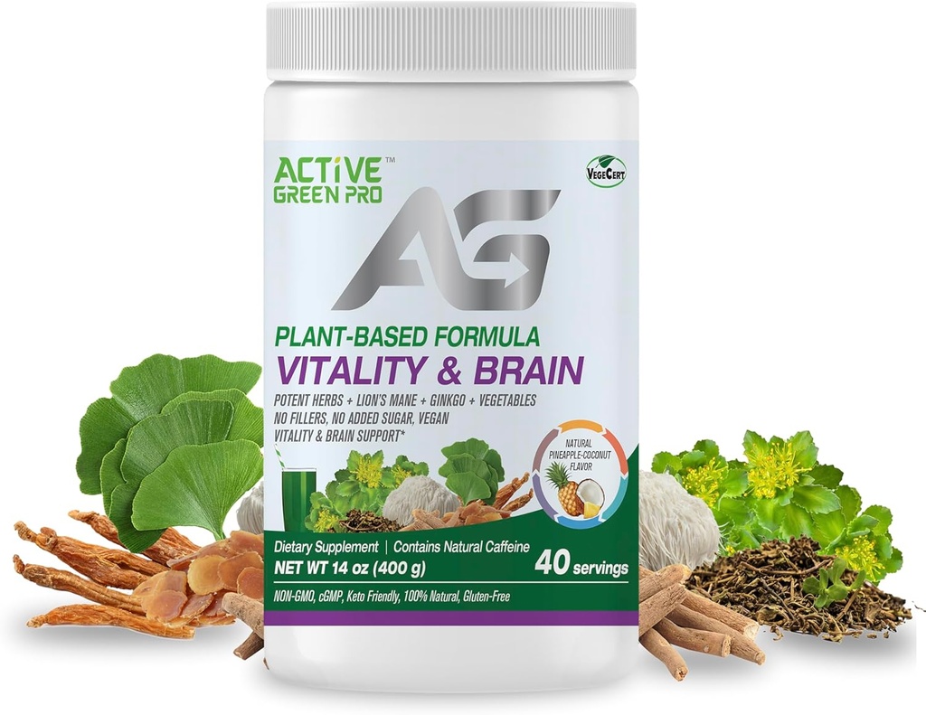 Vitality & Brain Powder, Blend από Συνεργιστικά Βότανα, Lion's Mane, Ginkgo, και Λαχανικά, Plant-Based Formula, No Fillers, No Sugar Added - 40 Servings
