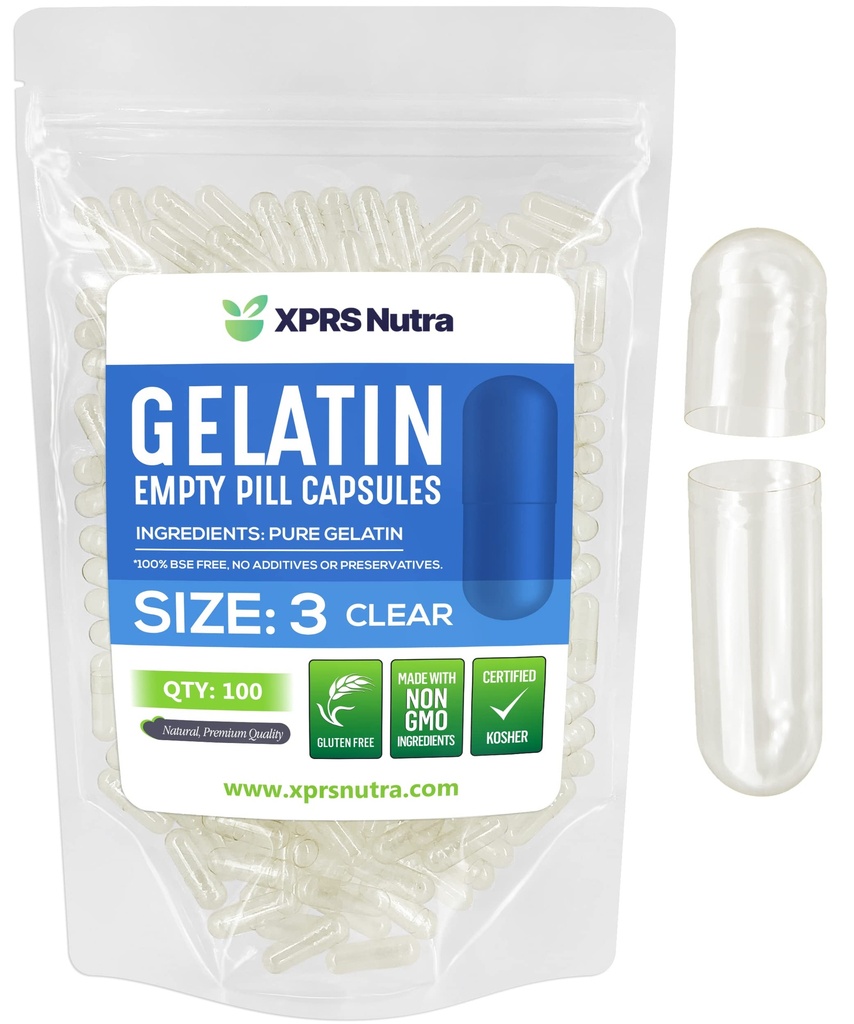 XPRS Nutra Size 3 Empty Capsules - 100 Count Clear Empty Gelatin Capsules - Pills DIY Capsule Filling - Pure Bovine Pill Gel Caps Fillable Do-It-Yourself Vitamins and Supplements
