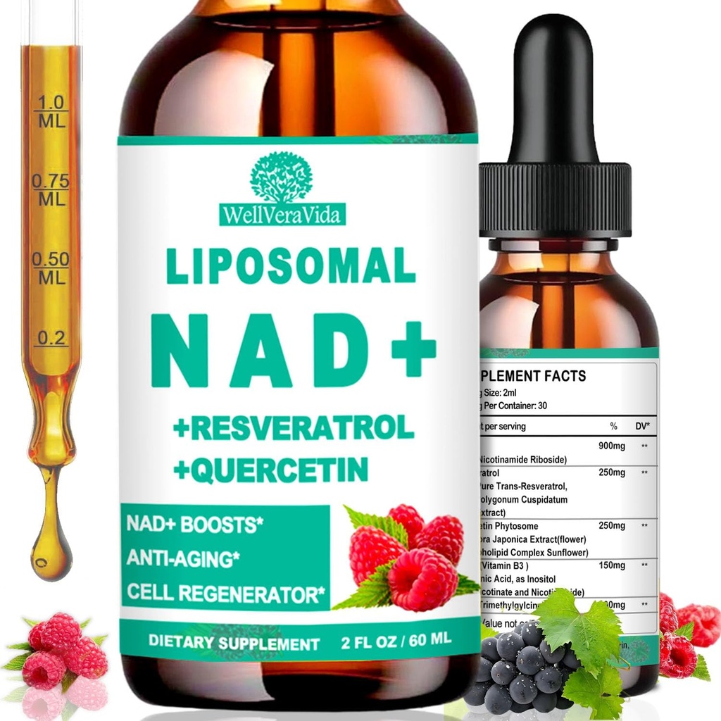 Kadınlar ve Erkekler için NAD Supplements, Liposomal NAD Nicotinamid Riboside Resveratrol 900 mg, TMG, Quercetin, B3, Organik Sıvı NAD Resveratrol Tamamı Uzun süredir, Enerji, Anti-Aging, Focus