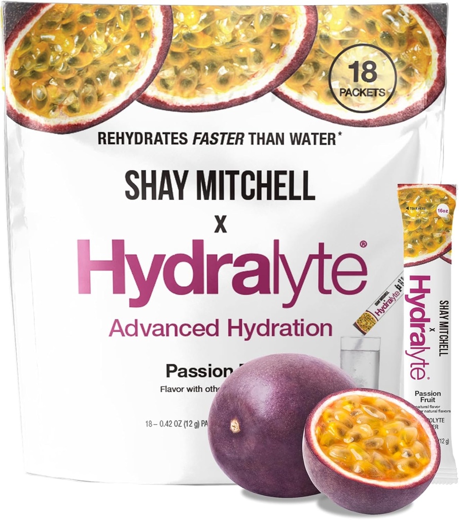 Hydralyte Shay Mitchell Electrolyte Toz Paketleri, Low Sugar Rapid Rehidr, Hydration Toz for Heat, Travel, Egzersiz ve Lisanslı Partiler (Passion Fruit)