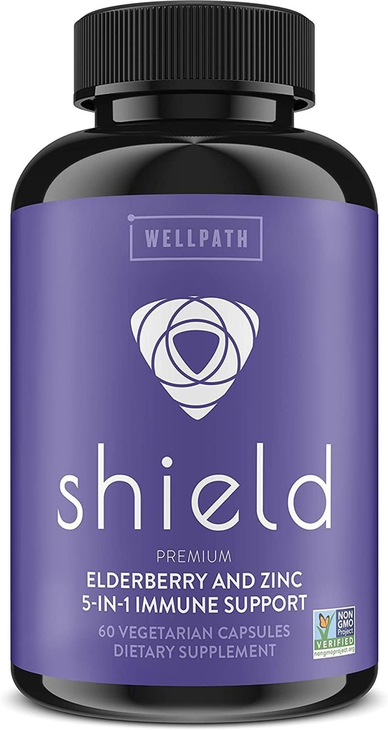 WellPath Shield Elderberry Capsules - 5-in-1 Immune Support ATM with çinko, C, Echinacea, Bee Propolis - Premium çinko Supplement - 600 mg Sambucus Black Elder Pills for Yetişkinler - 60 Ct