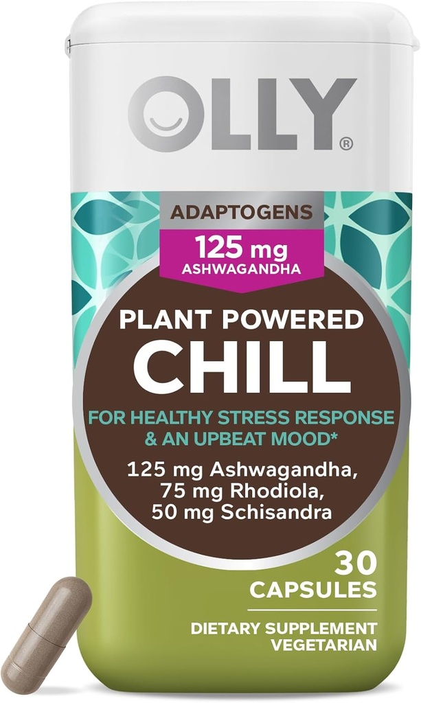OLLY Chill Adaptogen, Ashwagandha, συμπλήρωμα υποστήριξης Mood με ρίζα Rhodiola, κάψουλες χορτοφάγων - 30ct