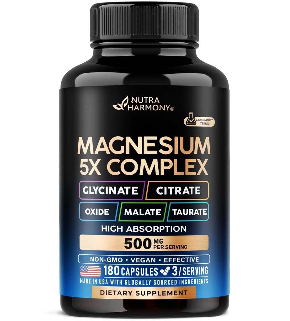 Magnezyum Supplement - 1 Kompleksi | Glycinate | Citrate | Malate | Taurate | Hoffman - Amerika'da Yapıldı - Stres, Kas & Kalp Desteği - Vegan, Doğal, Non-GMO - 180 Capsules, 2 Ay Supply