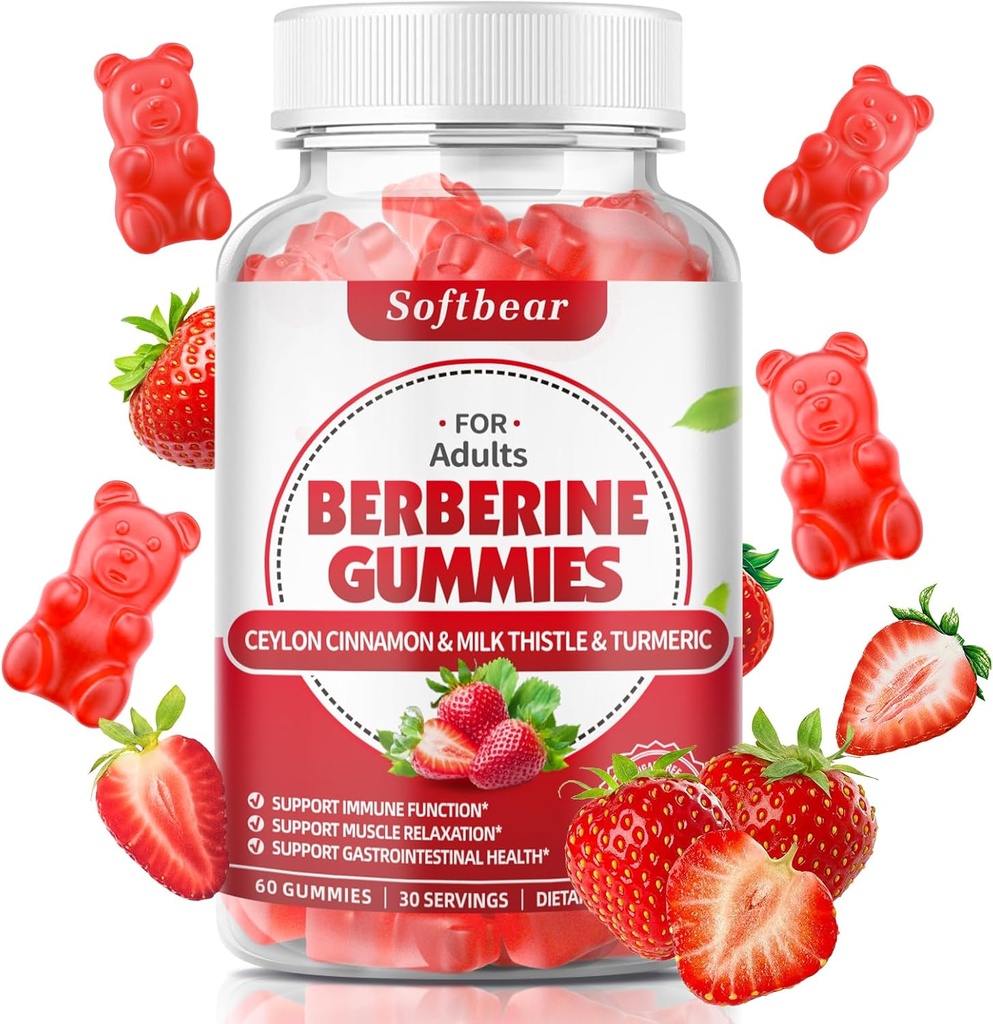 Ceylon Cinnamon Gummies Organik Berberine HCL 1500 mg for Metabolism Immune Health Sugar-Free Berberine Supplements Strawberry Flavored 60 Counts Strawberry
