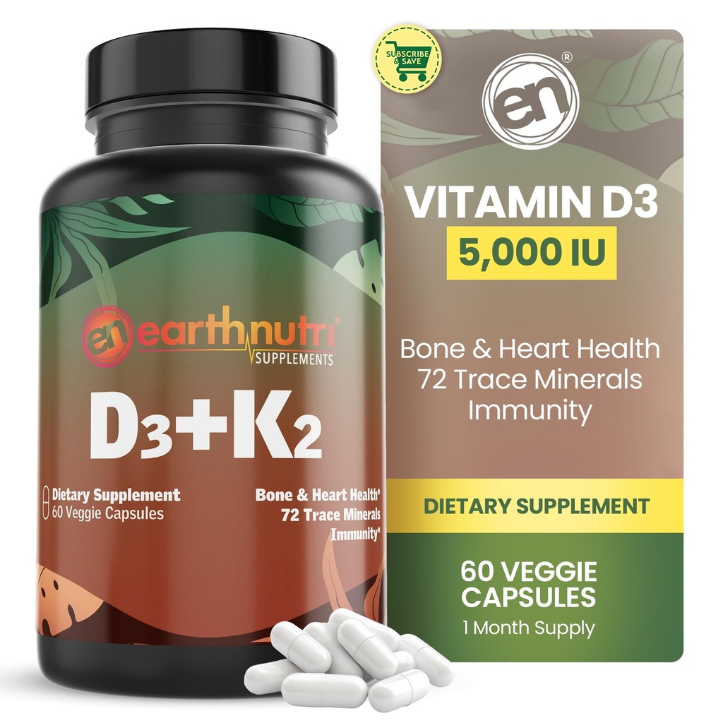 EarthNutri D3 K2 Supplement 5000 IU - The K2 from MENA Q7, D3 from Vitashine,bamin & 72 Trace Minerals - for Immune, Bone & Heart Health - Non-GMO - 60 Veg Capsules