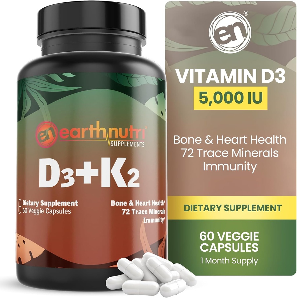 EarthNutri D3 K2 Supplement 5000 IU - The K2 from MENA Q7, D3 from Vitashine,bamin & 72 Trace Minerals - for Immune, Bone & Heart Health - Non-GMO - 60 Veg Capsules