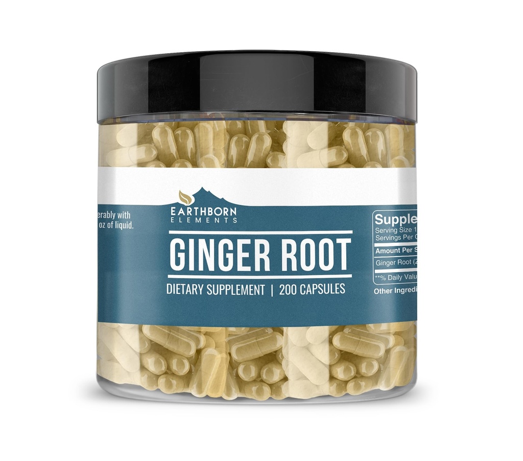 Earthborn Elements Ginger Root (200 Capsules) Pure & Undiled, No Wordss