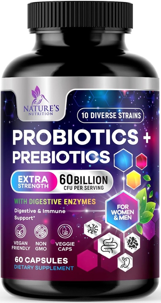 Kadınlar ve Erkekler için probiyotikler 60 Milyar CFU - Lactobacillus, Digestive Gut Health Probiyotiks & Immune Support Supplement, Supports Occasional Constipation, Gas & Bloating - 60 Capsules