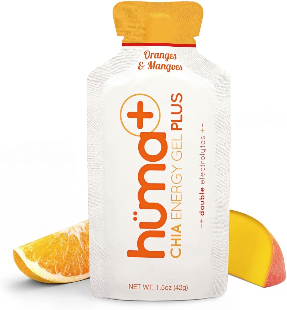 Huma Plus (Çift Elektrolytes) - Chia Energy Gel, Orange Mango, 24 Gels - Stomach Friendly, Real Food Energy Gels