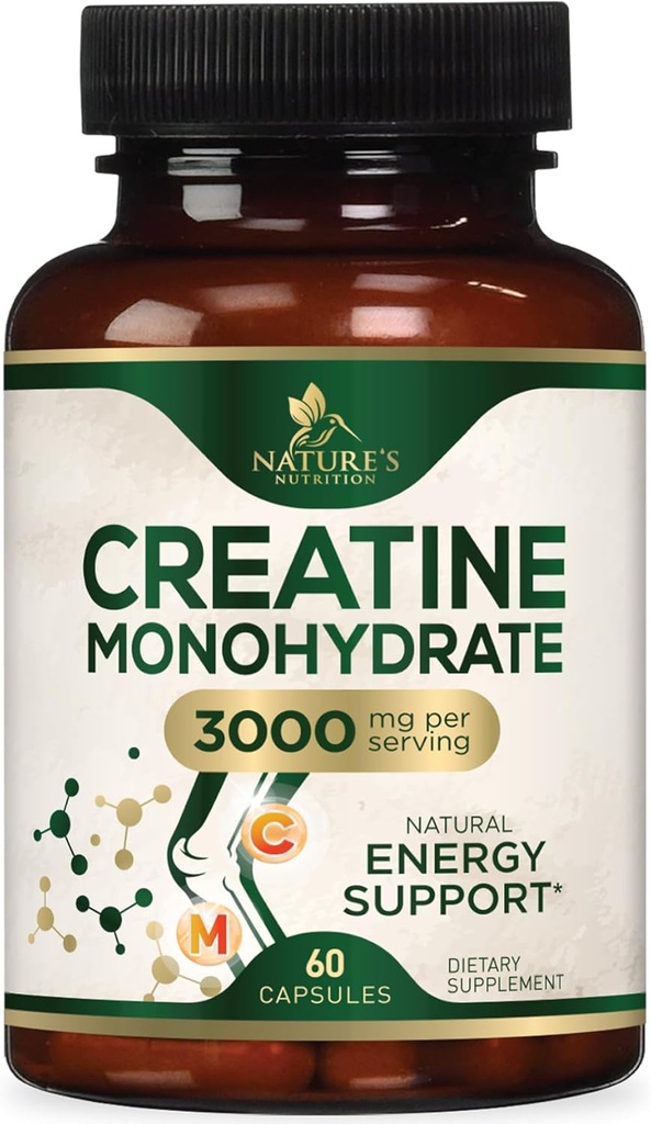 Creatine Monohydrate Κάψουλες 3000mg – Best Micronized Creatine Powder - Υποστηρίζει Lean Μύες, Δύναμη, Ενέργεια, & Αντοχή - Συμπλήρωμα Φύσης, Μη ΓΤΟ, Χωρίς Γλουτένη για γυναίκες & άνδρες - 60 Κάψουλες