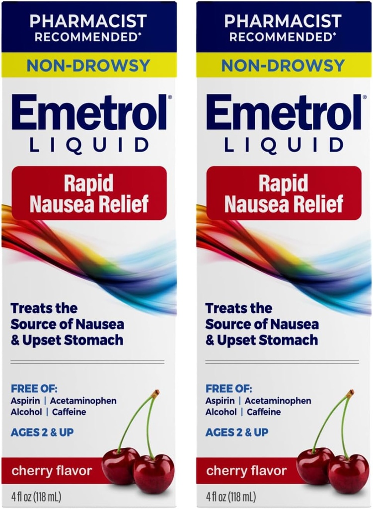 Emetrol Non-Drowsy Liquid Nausea Relief - Upset Stomach Tıp - Pharmacist Önerilen Nausea Relief - Cherry Flavor - 4fl oz, 2 Pack