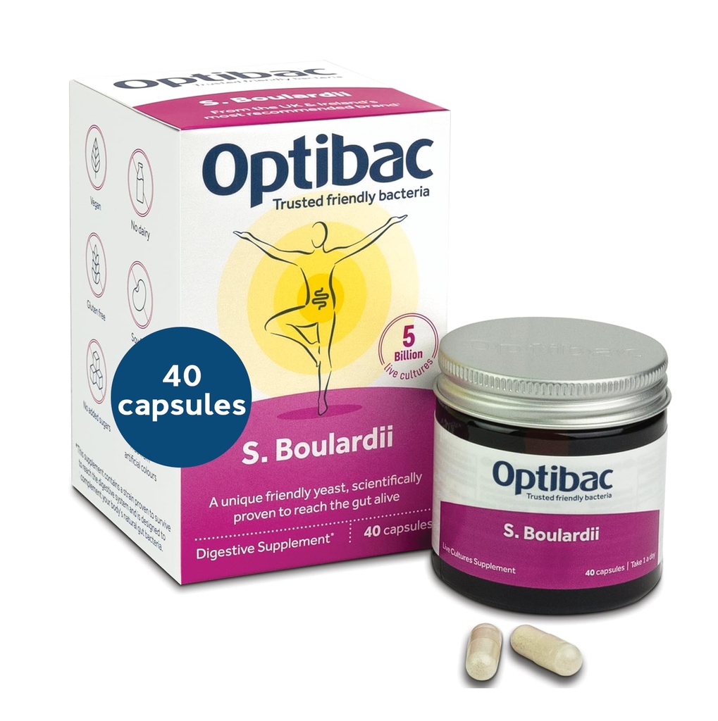 Optibac Probiotics Saccharomyces Boulardii - Vegan Επιστημονικά Αποδεδειγμένο Προβιοτικό Συμπλήρωμα, 5 Δισεκατομμύρια CFU - 40 Κάψουλες