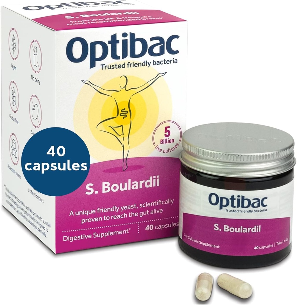 Optibac Probiyotiks Saccharomyces Boulardii - Vegan Bilimsel Olarak Proven Digestive Probiyotik Supplement, 5 Milyar CFU - 40 Capsules