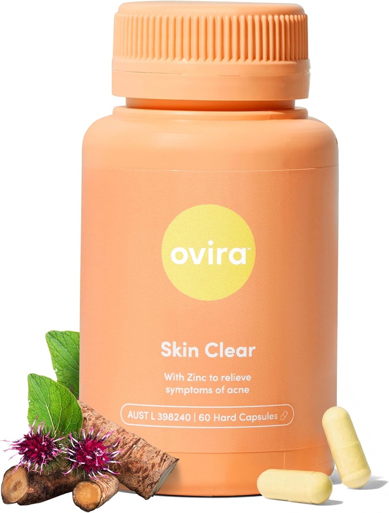 Ovira Skin Clear with ZINCBRIGHT - Clear & Glowing Skin için 60 Capsules | Rosacea & Hormonal Acne Treatment with Vitamin C | Support Collagen Production | Acne Supplements for Women & Men - Pack of 1