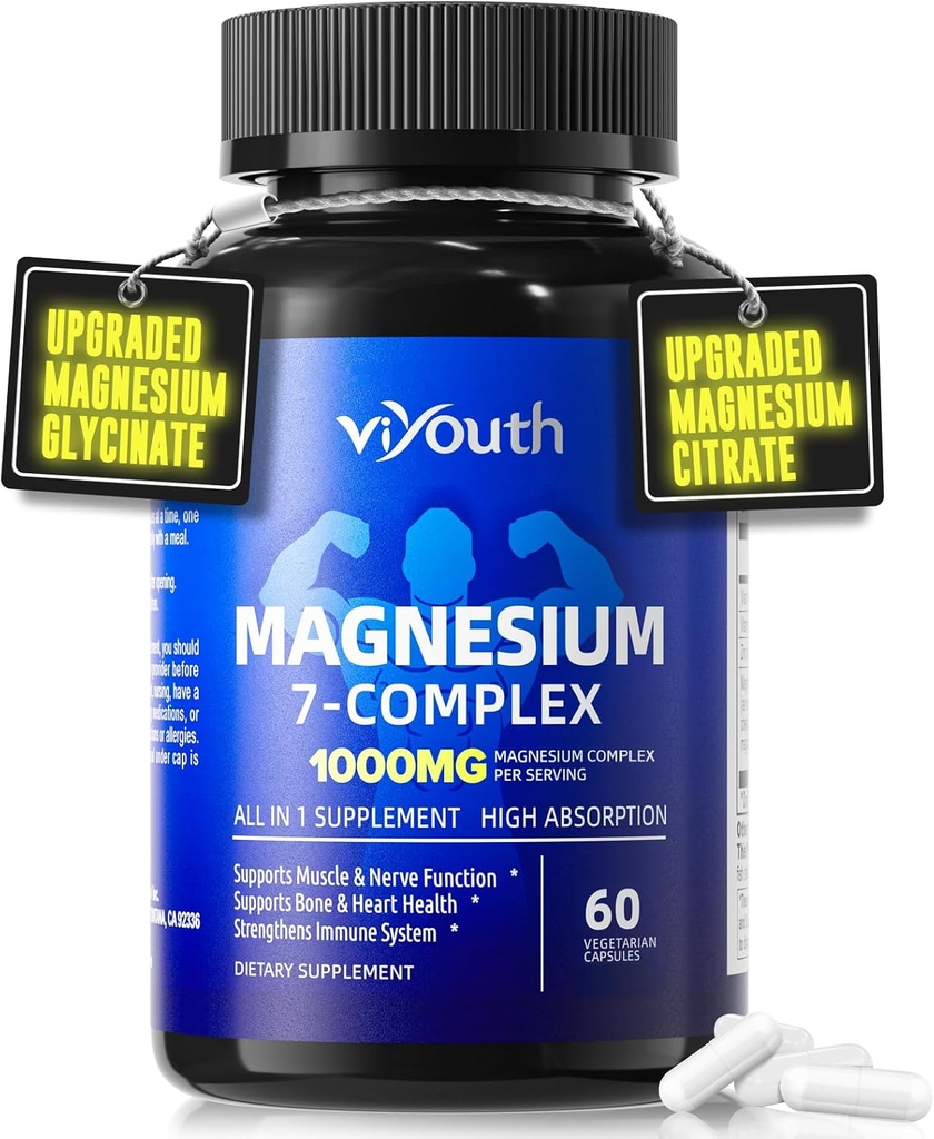 Magnezyum 7 Kompleksi Supplement Advanced with Glycinate Citrate Malate Chelate Taurate Orotate Aspartate, Capsules with çinko, Vitamin D3 & B6 for Sleep, Muscle Relief, 60 Capsules
