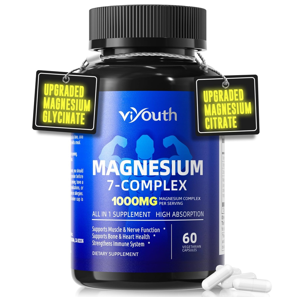 Magnezyum 7 Kompleksi Supplement Advanced with Glycinate Citrate Malate Chelate Taurate Orotate Aspartate, Capsules with çinko, Vitamin D3 & B6 for Sleep, Muscle Relief, 60 Capsules