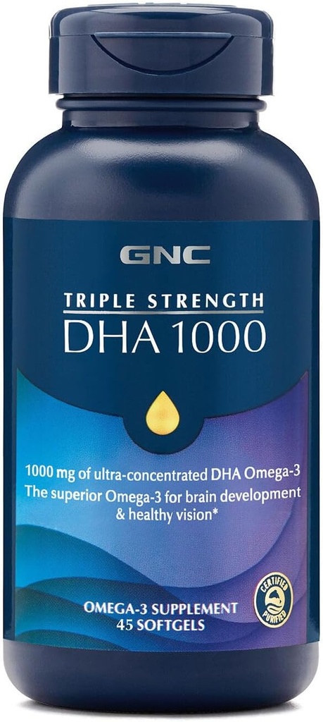 GNC Triple Strength DHA 1000 Omega 3 Supplement, 1000mg DHA, Supports Brain Development and Healthy Vision, 45 Softgels
