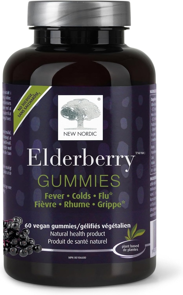 NEW NORDIC Elderberry Vegan Gummies, Ζάχαρη Δωρεάν Μασώμενη Ανοσοποιητική Υποστήριξη με Βιταμίνη C για Ενήλικες και Παιδιά 4+, Χωρίς Τεχνητά Χρώματα ή Γεύσεις, 60 Count (Pack of 1)