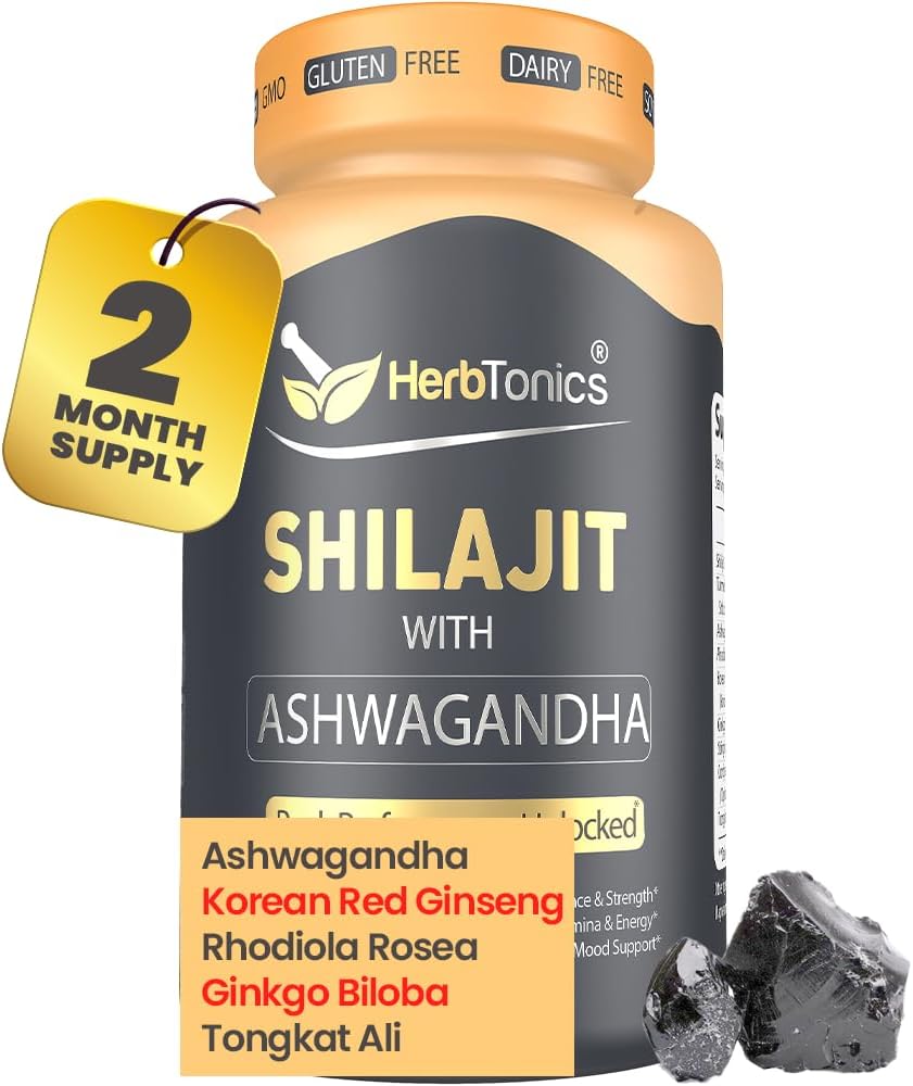 Herbtonics Shilajit for Men & Women with Ashwagandha, Korean Red Ginseng, Rhodiola Rosea, Ginkgo Biloba, Tongkat Ali 