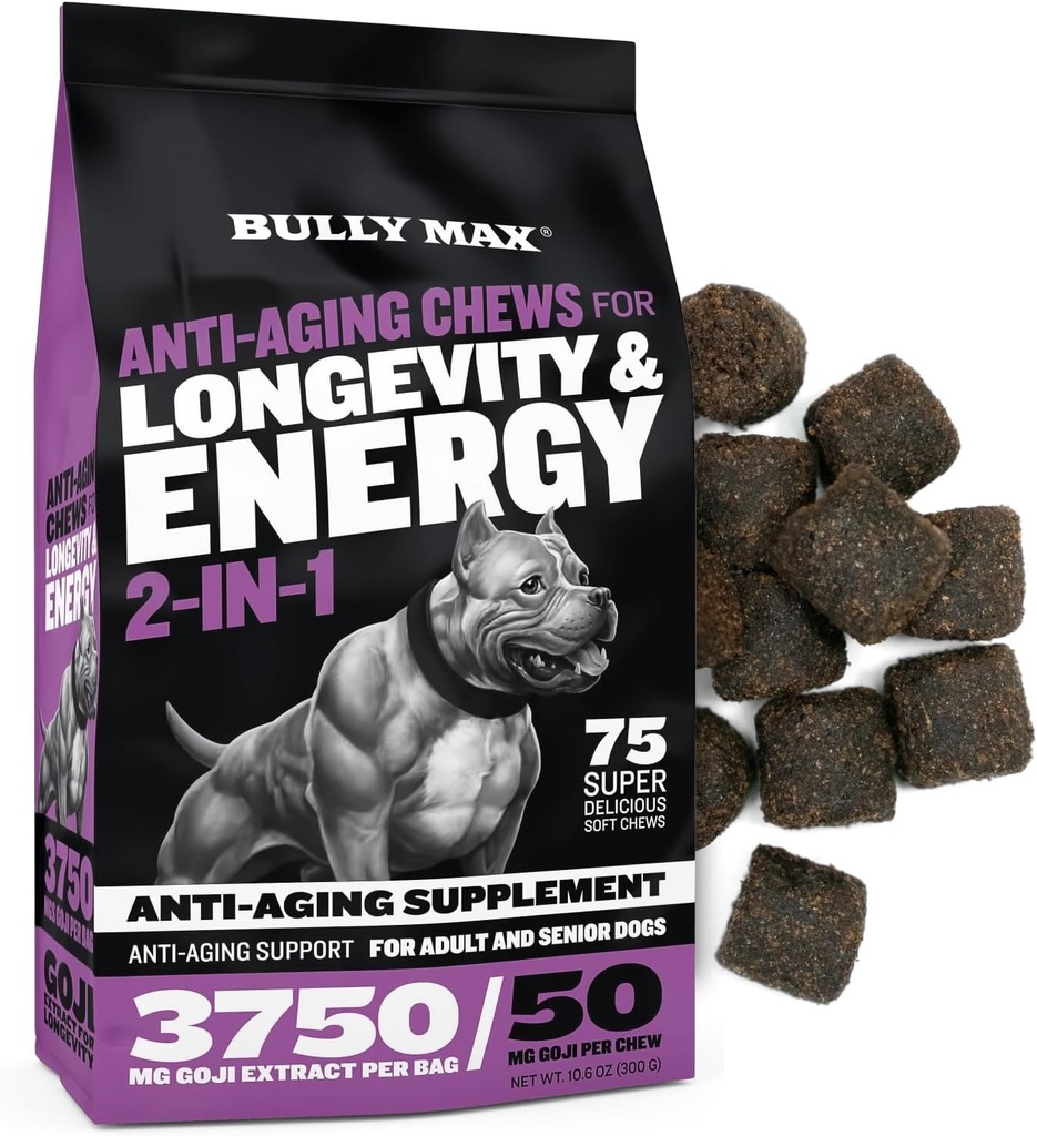Bully Max 2-in-1 Anti-Geaging Multivitamin Chews - Senior Dog Food Supplement for Vitality, Immunity, Joint Support with Postbiotics - Adult Dog Vitamins for Small & Large Breeds - 75 Νόστιμες Μαλακές Μασούσες
