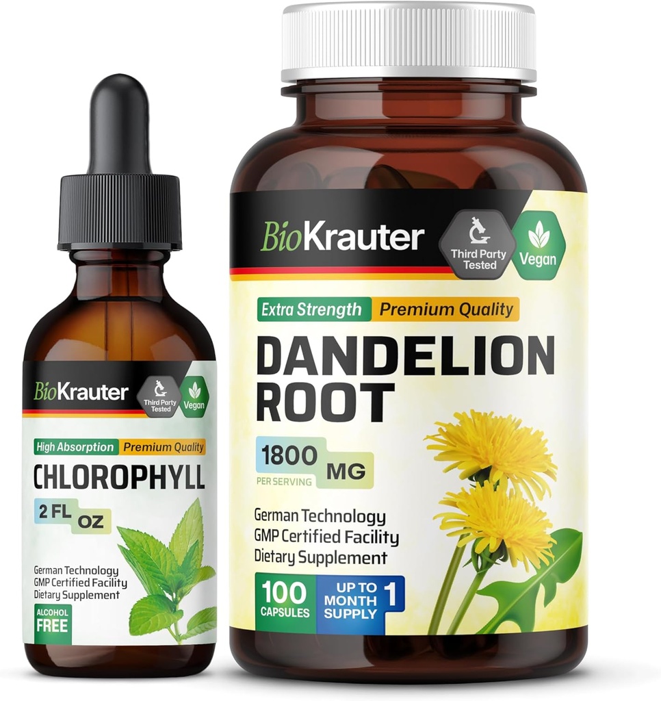BIO KRAUTER Klorophyll Tincture 2 Fl. Oz. & Dandelion 100 Capsules