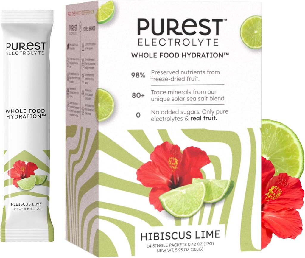 Know Brainer Purest Electrolyte Hibiscus Lime Powder Packets – Ολόκληρη ενυδάτωση τροφίμων - Βιολογικά Παγωμένα Φρούτα και ηλιακά άλατα για την απόλυτη ισορροπία ηλεκτρολυτών