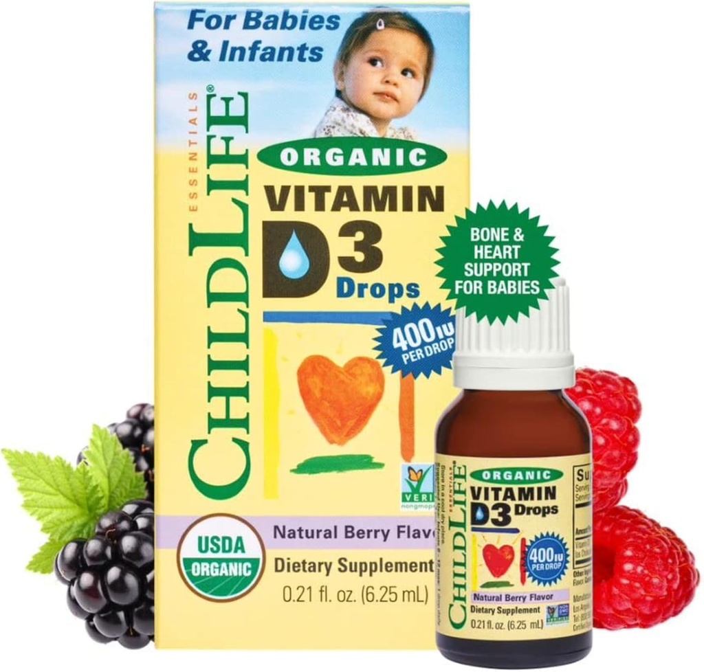 ÇOCUKLIFE ESSENTIALS Organik Vitamin D3 Drops - Bebekler ve Bebekler için D Drops, 400 IU Per Drop, All- Natural, USDA Organic, Non-GMO, Kosher, Gluten-Free - Natural Berry Flavor, 0.21 Fl Oz