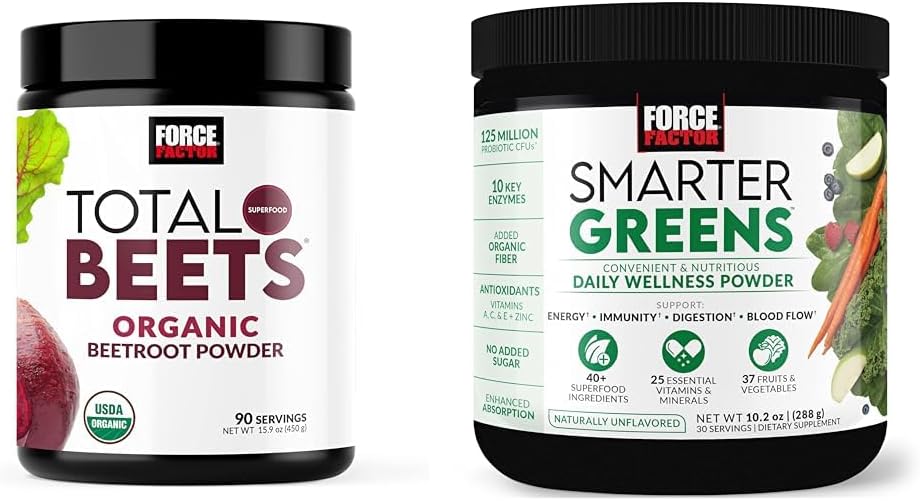 Force Factor Total Beets Organic Beetroot Powder Superfood to Boost Daily Nutrition, USDA Organic & Smarter Greens Daily Wellness Powder to Support Energy, Immunity & Digestion