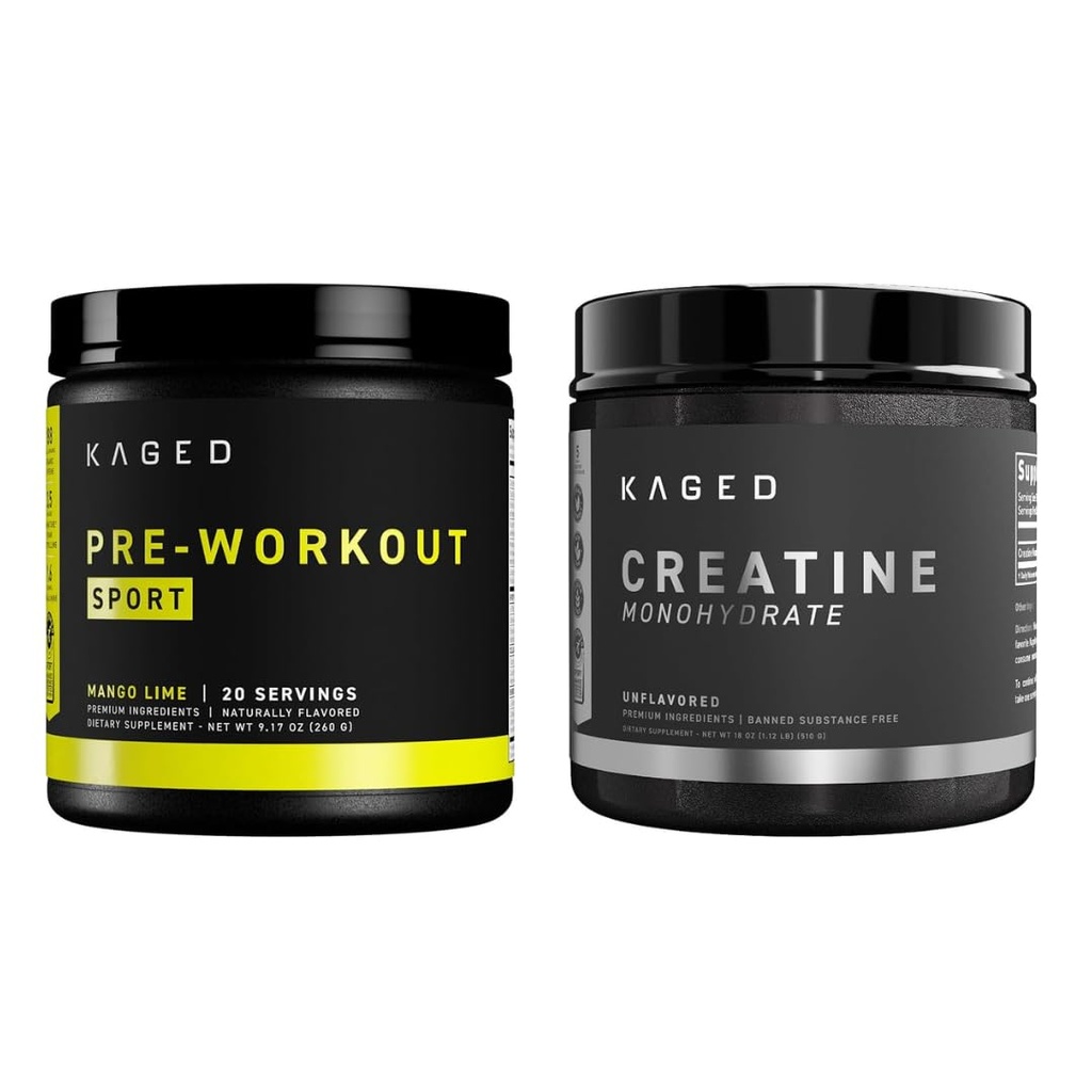 Kaged Pre Sport Προ προπόνησης σε σκόνη Mango Lime Creatine Monohydrate Micronized Powder Bundle, Energy & Muscle Recovery Supplement Pack, 20 σέρβις σε προ-εργασία + 100 σέρβις Creatine