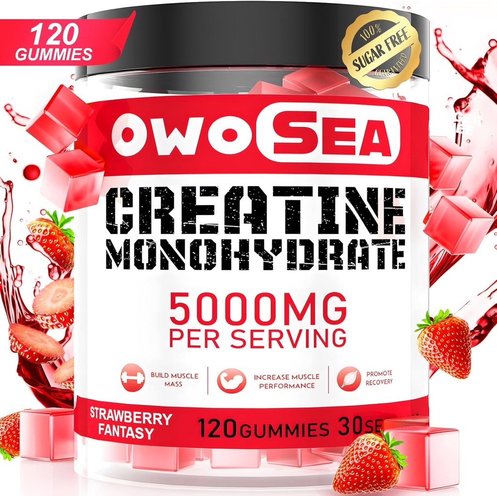 Creatine Monohydrate Gummies for Men & Women 5000mg Creatine Monohydrate per Serving for Muscle Support Energy Boost 120 Count Chewable 5g Creatine Supplement Sugar Free Vegan (1 Pack, Φράουλα)