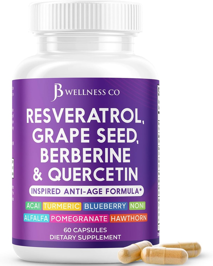 JB Wellness Resveratrol Grape Tohumksiyonu, Berberine, Quercetin - Noni Extract, N-Acetyl Cysteine, Acai Extract - 60 Capsules