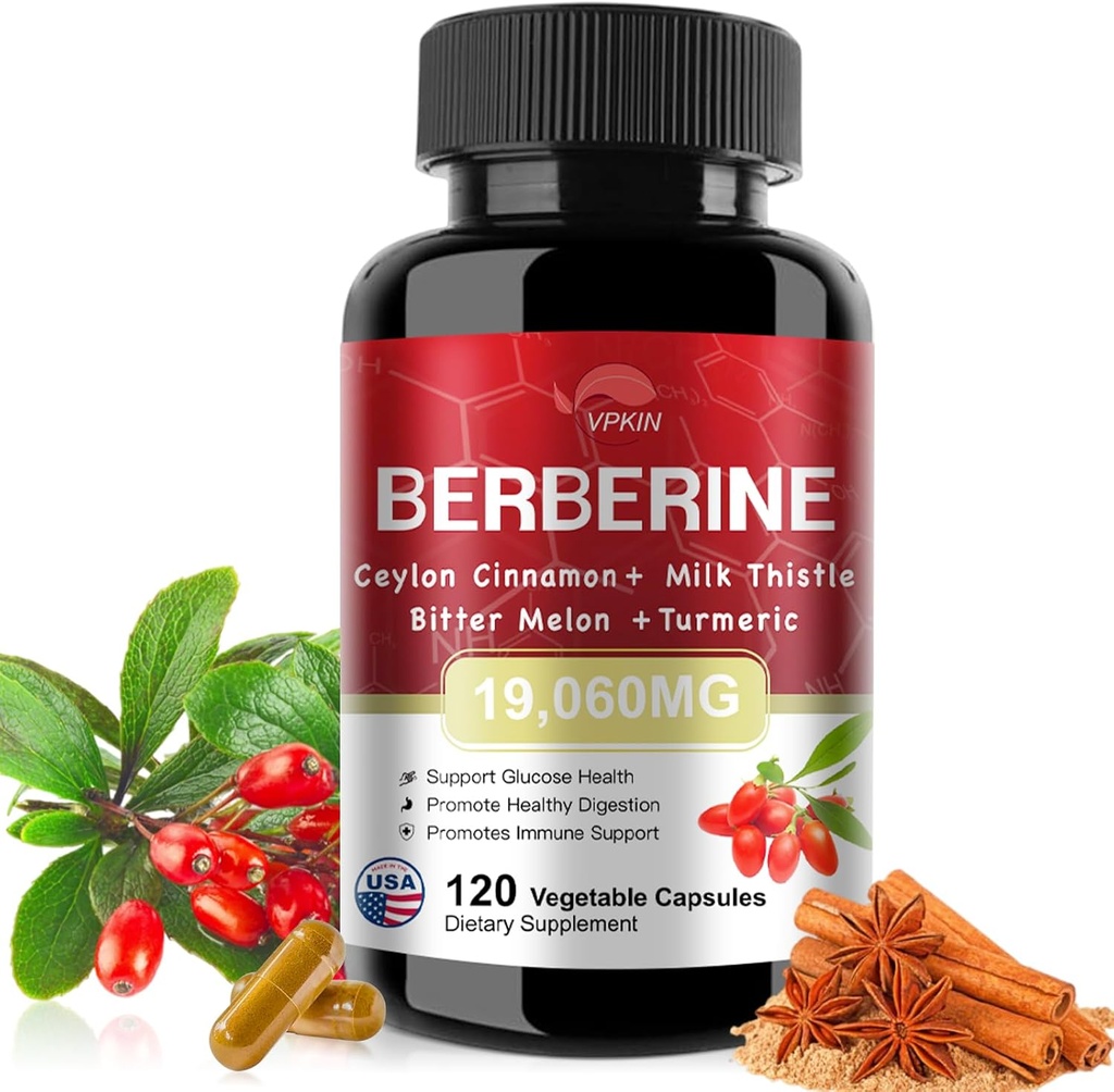 Berberine Supplement 19,060 mg,Berberine with Ceylon Cinnamon,Bitter Melon,Milk Thistle,Berberinel HC (120 Capsules)
