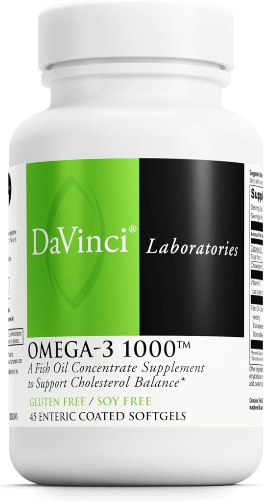 DAVINCI Laboratuvarları Omega-3 1000 - Diyet Supplement to maintain already Normal Cholesterol Levels and Support Immune System, Sağlıklı Saç ve Skin* - Gluten-Free - 45 Enteric Above Softgels