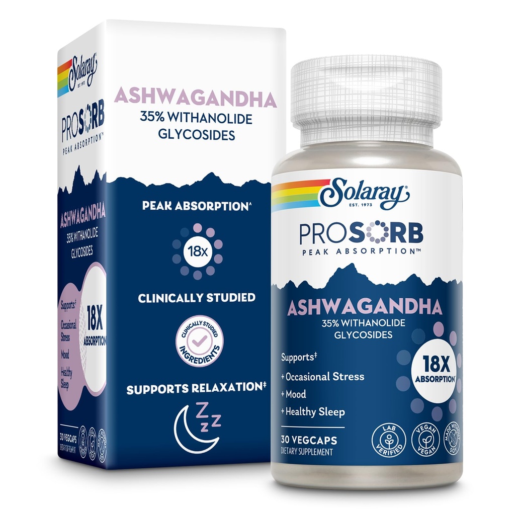 SOLARAY Ashwagandha Capsules 18X Ab component - Ashwagandha Root and Leaf Extract 240 mg - Occasional Stress Relief and Mood Support Supplement - Vegan, 60-Day Garanti - 30 Hizmet, 30 VegCaps