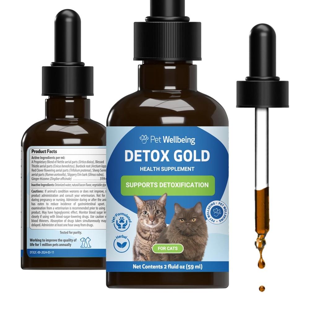Pet Wellbeing Detox Gold for Cats - Supports Natural Vitality & Maintains Overall Wellness with Nettle, Blessed Thistle, Burdock Root - Veterinarian-Formulated Herbal Supplement 2 oz (59 ml)