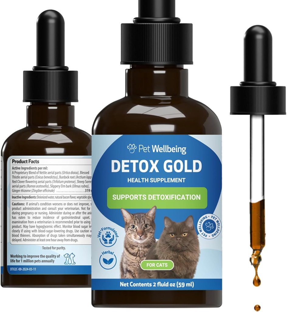 Pet Wellence Detox Gold for Cats - Gentle Detoxification & Elimination Support, Immune System Care, Nettle, Butle, Burdock Root - Veterinarian-Formated Herbal Supplement 2 oz (59 ml)