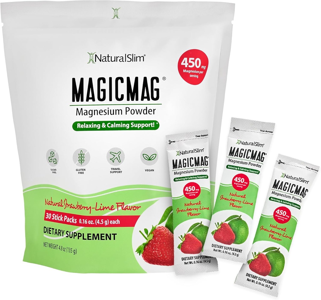 DoğalSlim MagicMag Magnezyum Packets 30 Stick Pack Magnezyum Citrate Toz - Stres, Constipation, Muscle, Heart Health ve Sleep Support | Natural Strawberry & Lime Flavored Magnezyum Supplement