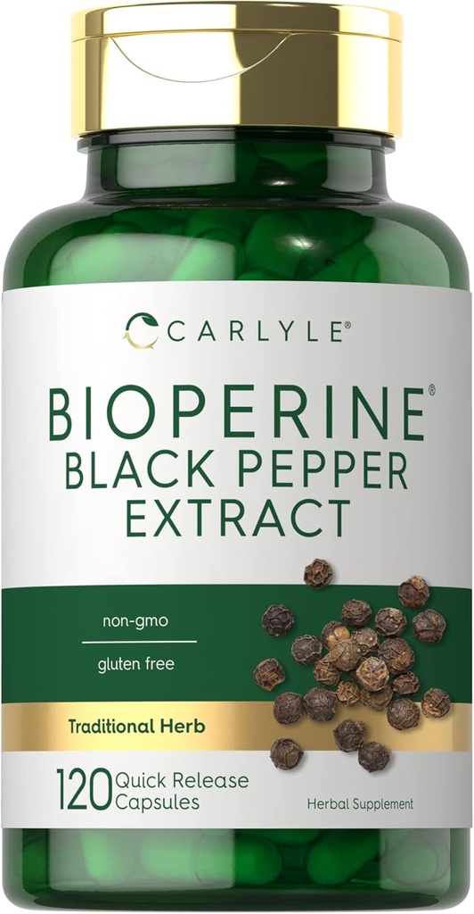 Carlyle Bioperine 10 mg | 120 Capsules | Non-GMO & Gluten Free | Black Pepper Ekstraksiyondan Kaynaklandı | Destekler Curcumin Toz Aborpsiyon
