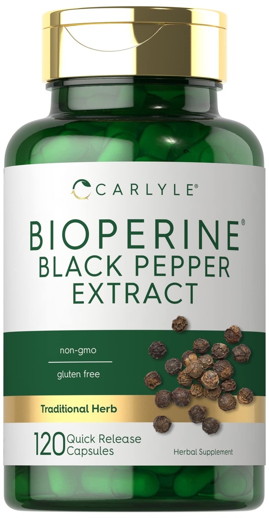 Carlyle Bioperine 10 mg | 120 Capsules | Non-GMO & Gluten Free | Black Pepper Ekstraksiyondan Kaynaklandı | Destekler Curcumin Toz Aborpsiyon