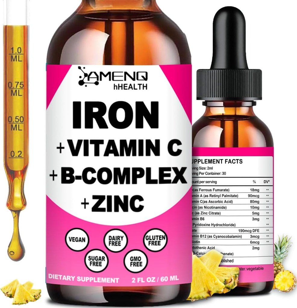 Kadın Erkek ve Çocuklar için Demir Supplement, Demir Vitamin C, A, B-Complex, Vegan Iron Drops Anemi, Red Blood Hücre, Enerji, Kan Builder, Gentle