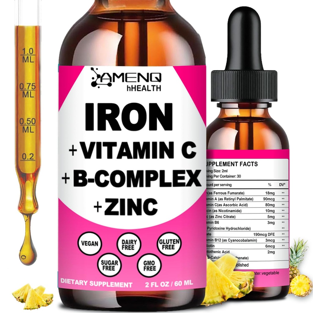 Kadın Erkek ve Çocuklar için Demir Supplement, Demir Vitamin C, A, B-Complex, Vegan Iron Drops Anemi, Red Blood Hücre, Enerji, Kan Builder, Gentle