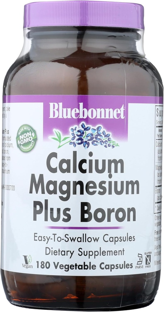 BlueBonnet Calcium Magnesium Plus Boron Vegetarian Capsules, Off-White, 180 Count