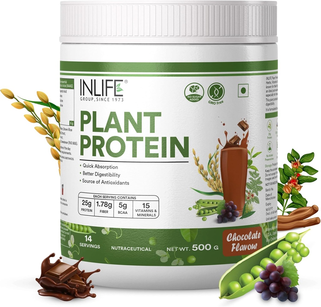 INLIFE Plant Protein Toz - Pea, Quinoa & Brown Rice - 25g protein - Ashwagandha, Green Tea & Grape Tohumu - Tamam (500 g,) Chocolate)