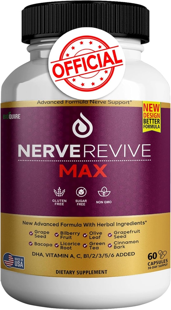 Nerve Revive Max – Vitaminlerle Gelişmiş Formula, Herbal Türlü ve Antioksis – Gluten-Free, Non-GMO, Sugar-Free – Supports Vitality and Wellness – 60 Capsules, 30-Day Supply