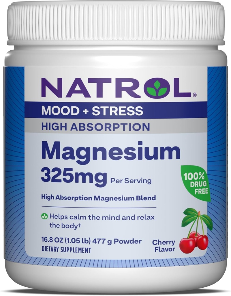 Natrol Magnezyum 325 mg, Yüksek Abhidrasyon Magnezyum Glycinate ve Karbonat Öğütü Calm The Mind and Relax The Body, 16.8 OZ of Cherry-Flavored Toz, 90 Day Supply