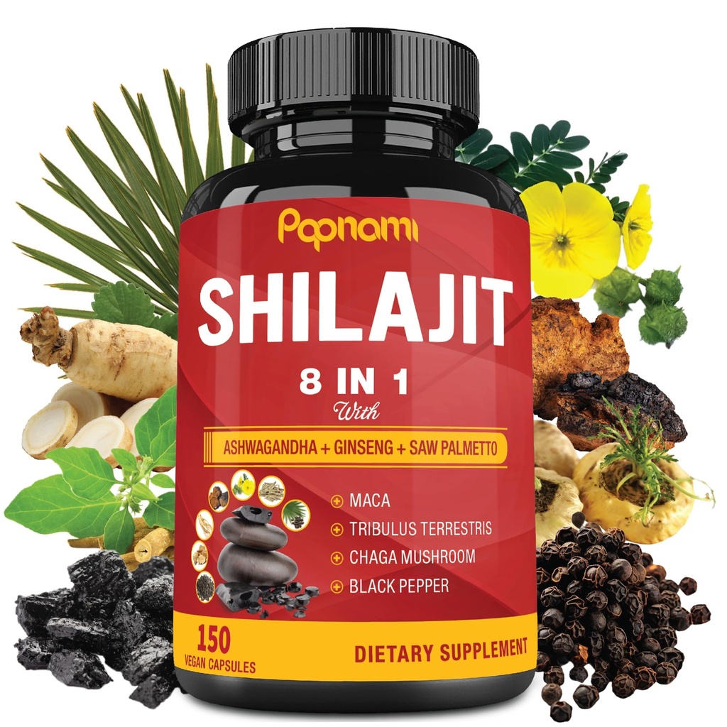 Erkekler ve Kadınlar için Shilajit Himalaya Tamam - 150 Capsules Kombine Ashwagandha, BTC, Saw Palmetto, Maca, Tribulus, Chaga & Black Pepper - Vitality Energy and Immune Supports