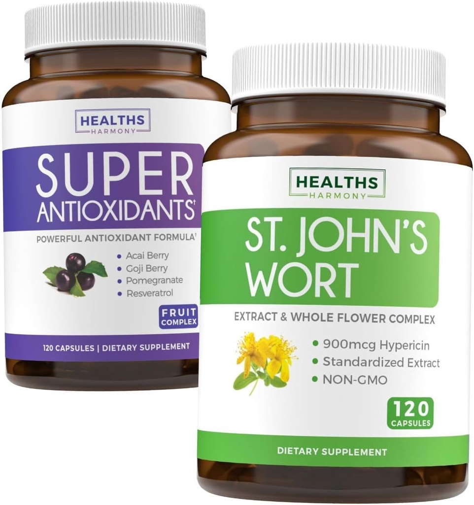 Antioksis & St. John's Wort (2-Month Supply) Serenity Antioksit - Super Antioksis - Güçlü Super Food Daily Mix (120 Caps) & St. John's Wort - Güçlü 9000